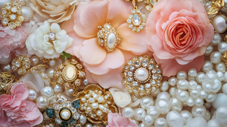 A chic collection of vintage brooches, elegant gold pendants, and pearl earrings, arranged with soft flowers for a feminine touch.の素材