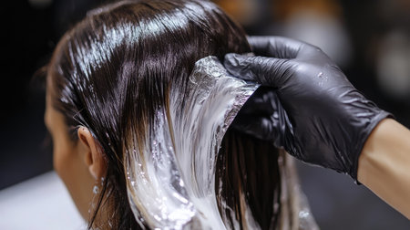A hairdresser applying highlights using foil, with a focus on technique and precision.の素材