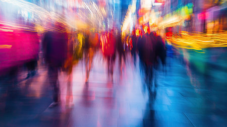 A blurred motion shot of pedestrians walking quickly down a busy street, creating streaks of color and movement.の素材