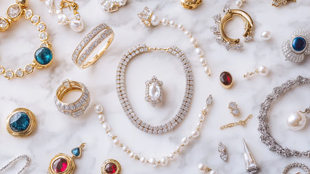 A flat lay of assorted gold and silver rings, bracelets, and necklaces arranged on a marble surface, with gemstones and pearls scattered in between.の素材