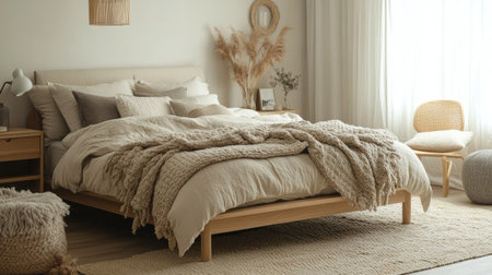A cozy Scandinavian-style bedroom with neutral tones, light wood furniture, and textured blankets layered on a low platform bed.の素材