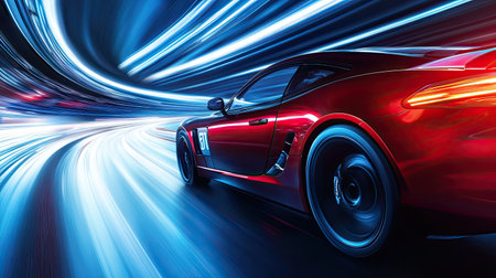 A car speeding down a highway at night, with long-exposure light streaks trailing behind, showcasing high velocity.の素材