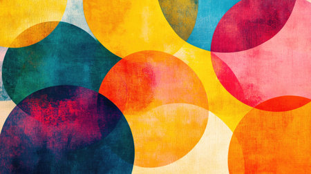 Abstract circles in bright, saturated colors overlapping in layers, forming a vivid, dynamic composition.の素材