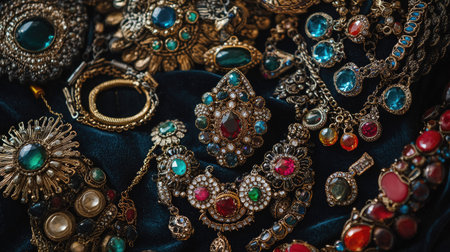 A close-up flat lay of colorful gemstone rings, intricate bangles, and charm necklaces, artfully arranged on a dark velvet cloth.の素材