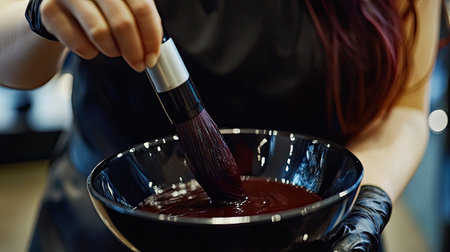 A close-up of a hairstylist mixing hair color in a bowl, preparing for a coloring session.の素材