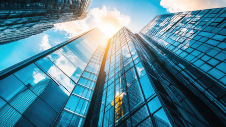 A close-up of a contemporary office building with steel and glass architecture, towering in the downtown skyline.の素材