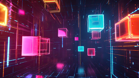 A dynamic, futuristic abstract scene with floating neon cubes and colorful digital grids in a space-like setting.の素材