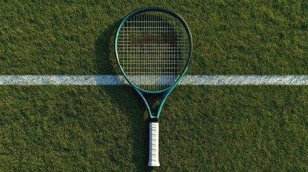A tennis racket and ball placed on a grass court, with a white line marking the boundary.の素材