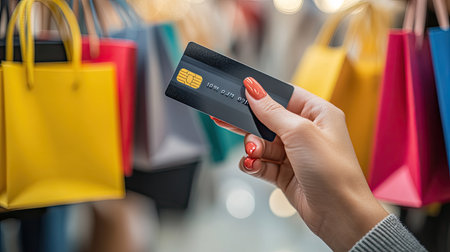 A dynamic shot of hands holding up a credit card with an array of luxury shopping bags in the background.の素材