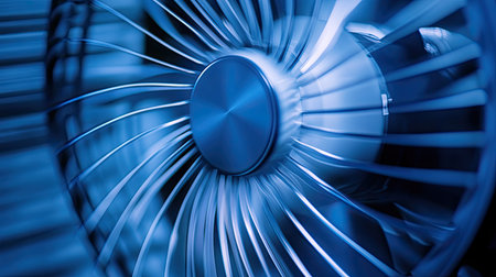 A close-up of a fan spinning rapidly, with blades blurred to create a sense of cooling motion in a minimalist setting.の素材