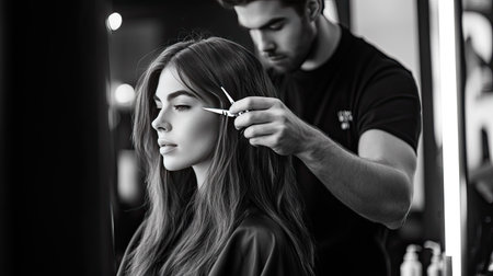 A hairstylist trimming a models hair with precision, using professional scissors in a sleek salon.の素材