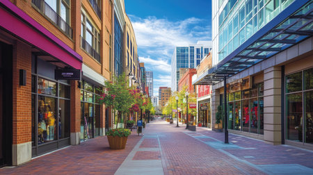 A downtown shopping district lined with trendy storefronts and boutique buildings, with high-rise offices in the background.の素材