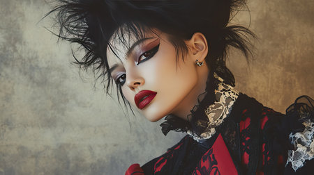 A high-fashion editorial-style photo of a model wearing avant-garde clothing with bold makeup and a striking hairstyle.の素材