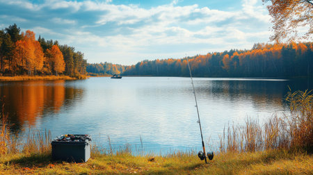 A fishing rod and tackle box placed by the edge of a serene lake, with a fishing boat in the distance.の素材