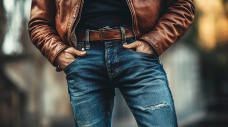 A close-up of a fashionable man's outfit, highlighting a leather jacket, distressed jeans, and chunky boots.の素材