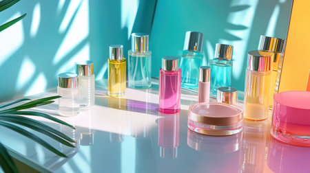 Shiny, colorful packaging of skincare products arranged on a vanity, reflecting consumer focus on self-care and luxury.の素材