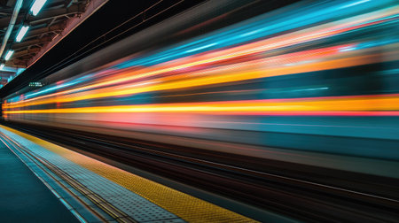 A fast-moving train captured in motion, with the train cars blurred as they speed past, leaving a streak of color behind.の素材