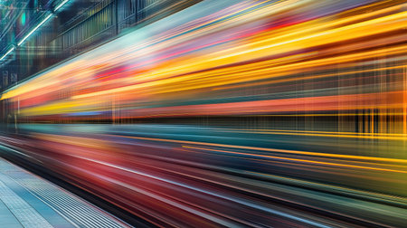 A fast-moving train captured in motion, with the train cars blurred as they speed past, leaving a streak of color behind.の素材