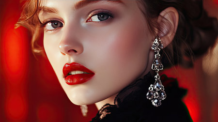 A close-up of a models red lips and large statement earrings, paired with a high-collared blouse for a glamorous look.の素材