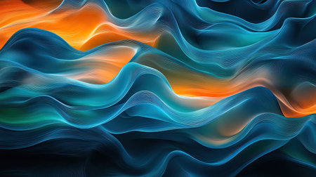 Abstract digital waves of blue, green, and orange undulating across the screen, evoking a sense of flow and movement.の素材