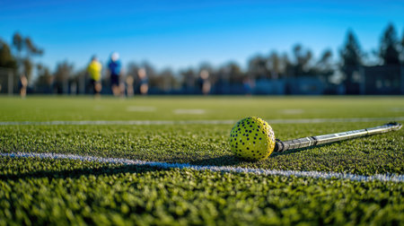 A lacrosse stick and ball resting on a turf field, with players practicing in the distance.の素材