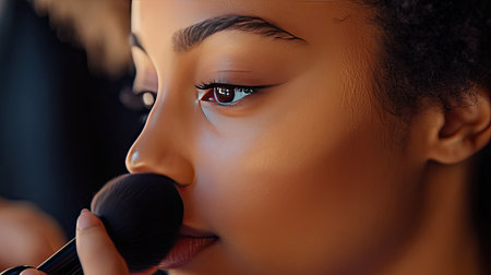 A close-up of a makeup artist blending foundation on a clients face with a beauty blender, showing precision and smooth application.の素材