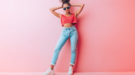 A fashion influencer posing in a chic outfit, including a crop top, high-waisted jeans, and trendy sneakers, against a pastel-colored background.の素材