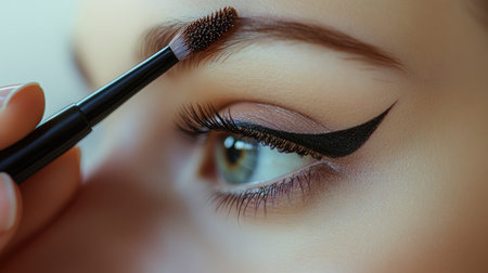 Soft-focus image of a woman applying liquid eyeliner, capturing the detail and precision required for a perfect cat-eye.の素材