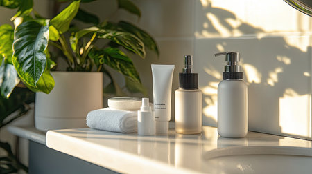 Skincare and beauty products arranged neatly on a bathroom counter with a lush plant in the background, promoting a clean and natural aesthetic.の素材