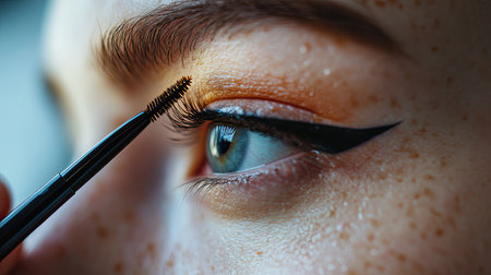 Soft-focus image of a woman applying liquid eyeliner, capturing the detail and precision required for a perfect cat-eye.の素材