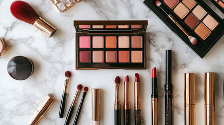 A sleek flat-lay of luxury makeup products, including lipsticks, eyeshadow palettes, and brushes arranged on a marble counter, emphasizing a chic and elegant vibe.の素材