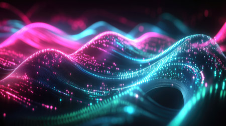 Abstract glowing lines of pink, blue, and green intersecting and curving to form a futuristic digital design.の素材