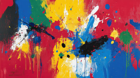 Bright splashes of paint in red, blue, yellow, and green, creating a bold and playful abstract composition.の素材