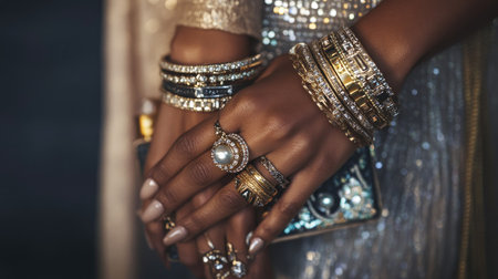 Close-up of a fashionistas hand wearing multiple statement rings and layered bracelets, holding a designer clutch.の素材