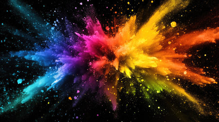 Splashes of color in rainbow hues exploding across a black background, creating a dramatic, abstract effect.の素材