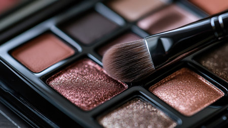 Close-up of an open eyeshadow palette with a brush gently dipping into one of the metallic shades.の素材