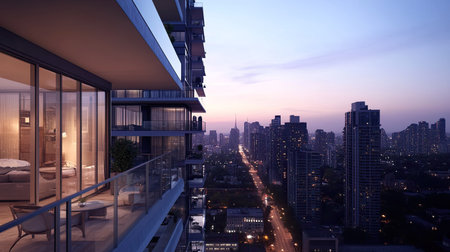 A residential skyscraper with balconies, overlooking the cityscape of downtown, with city lights coming to life at dusk.の素材