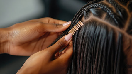 A stylists hands carefully placing hair extensions, blending them seamlessly into a clients natural hair.の素材