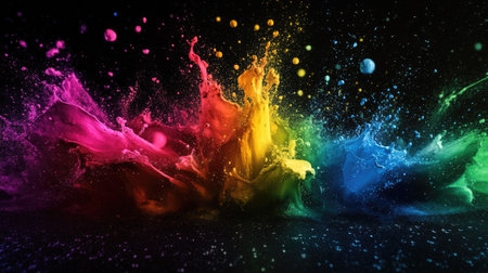 Splashes of color in rainbow hues exploding across a black background, creating a dramatic, abstract effect.の素材
