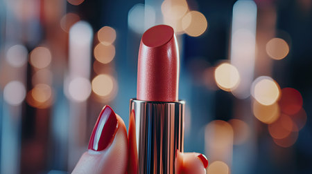 Close-up of a glossy lipstick tube being opened by a hand, set against a backdrop of blurred makeup products.の素材