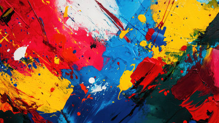 Bright splashes of paint in red, blue, yellow, and green, creating a bold and playful abstract composition.の素材