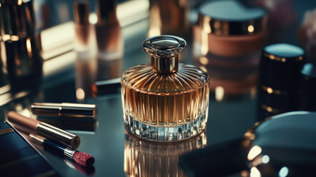 Close-up of a luxury brand perfume bottle surrounded by matching makeup items such as lipstick and mascara, evoking a sense of elegance.の素材