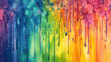 Colorful splatters of watercolor paint merging and dripping down, forming a vibrant, organic abstract pattern.の素材