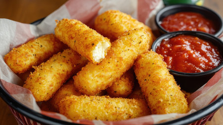 A basket of golden mozzarella sticks with marinara sauce, crispy and hot, perfect for a quick snack.の素材