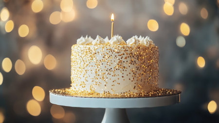 A cake stand displaying a birthday cake covered in gold dust and edible glitter, adding a touch of elegance to the celebration.の素材