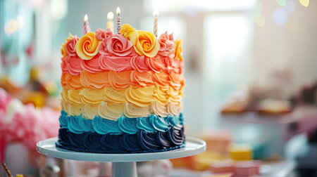 A birthday cake with ombr frosting, transitioning from light to dark shades, displayed on a dessert table at a party.の素材