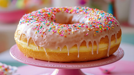 A birthday cake shaped like a giant donut, covered in glaze and sprinkles, making a fun, playful party centerpiece.の素材