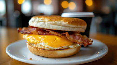 A breakfast sandwich with bacon, egg, and cheese on a toasted English muffin, served with a coffee to go.の素材