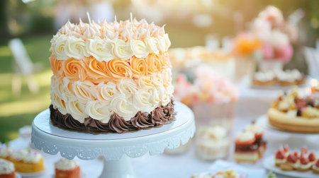 A birthday cake with ombr frosting, transitioning from light to dark shades, displayed on a dessert table at a party.の素材