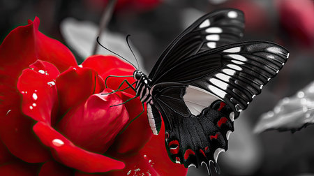 A black and white butterfly resting on a bright red rose, with the striking contrast creating a bold visual effect.の素材